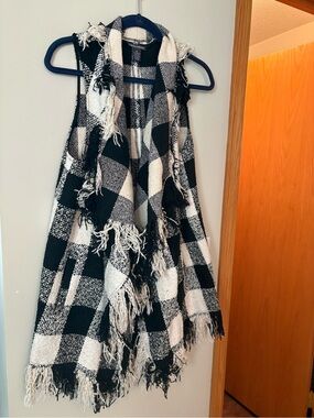Chelsea & Theodore Black and White Buffalo Check Fringe Vest
